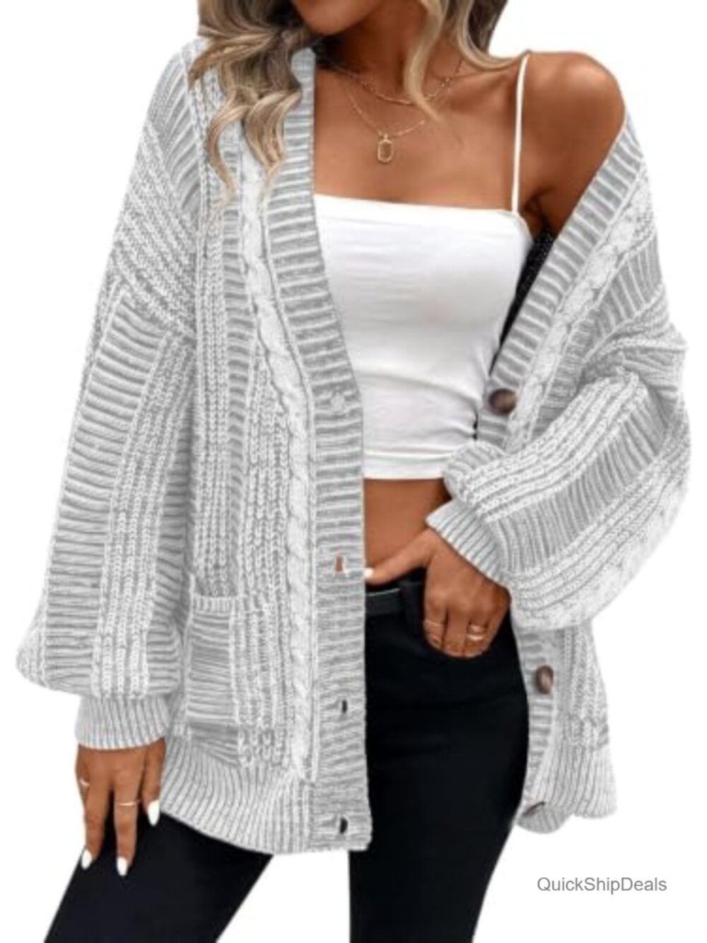 Oversized Cable Knit Button Front Cardigan Sweater with Pockets